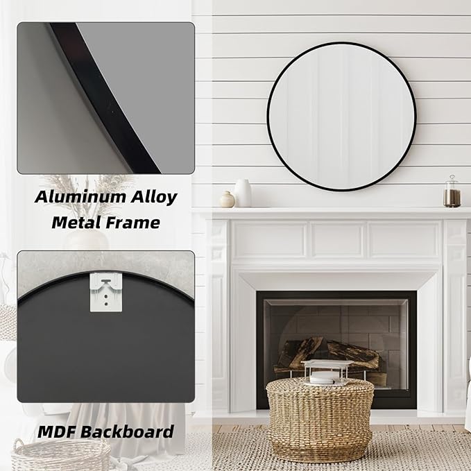 Round Black Mirror, 24 Inch Circle Black Mirror, Metal Frame Round Wall Mounted Mirrors for Bathroom, Living Room, Bedroom, Entryway, Vanity