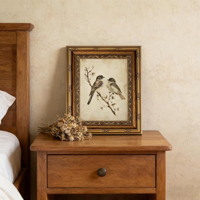 Vintage Gold Framed Wall Art Neutral Summer Bird Wall Art Vintage Botanical Birds Nature Wall Decor Picture Rustic Cottage Gallery Poster Print for Living Room Bedroom 9x11in
