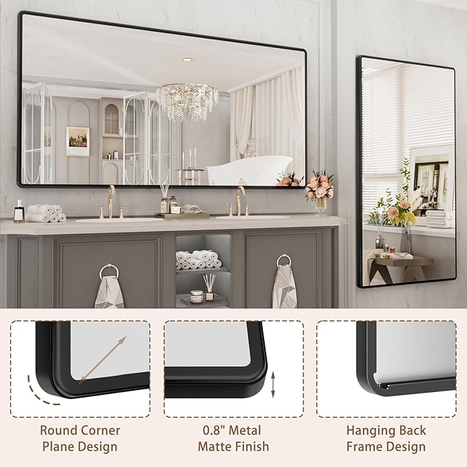 pertetey New Upgrade Bathroom Mirror, 72X40 Inch Black Metal Frame Wall Mounted Rounded Rectangle Bathroom Vanity Mirror with Tempered Glass for Washroom Bedroom Living Room