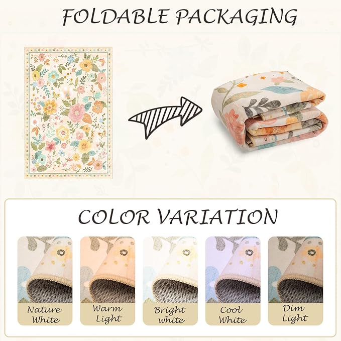 RELEANY Floral Nursery 4x6 Area Rugs Washable Print Boho Cute Carpet Non Slip Flower Low Pile for Living Room Kids Girls Playroom Bedroom Kitchen Office Farmhouse-Beige/White/Orange