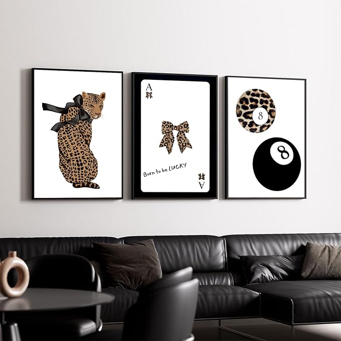Set of 3 Trendy 8 Ball Leopard Wall Art Ace Card Bow Wall Decor Pictures Funky Born To Be Lucky Posters Prints Preppy Aesthetic Cheetah Room Decor for Girls Bedroom Apartment Dorm Unframed 16x24in