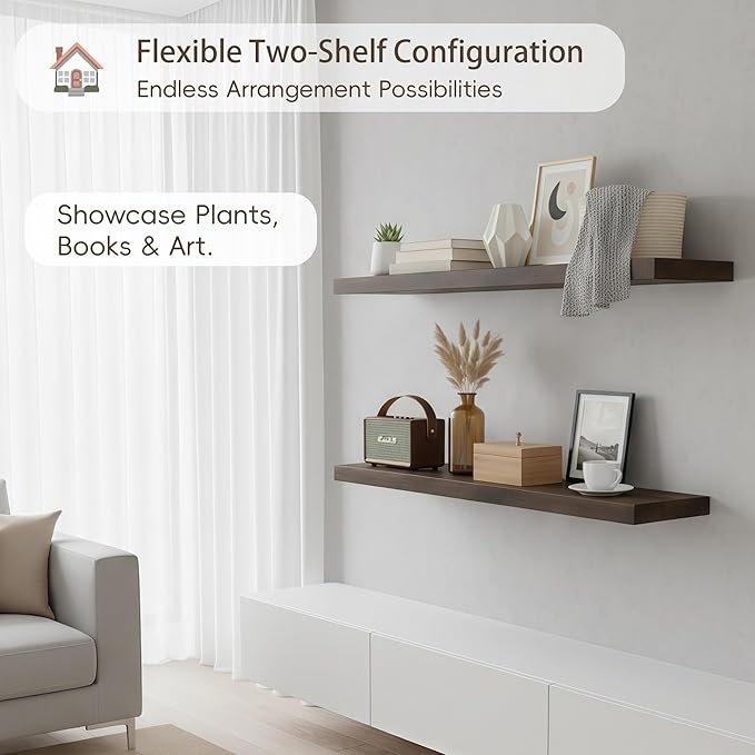 Lufia Floating Wall Shelves, Set of 2, MDF with Invisible Brackets, Modern Storage for Bedroom, Bathroom, Living Room, Kitchen (Rustic Brown, 28" W x 7" D x 1.5" H)