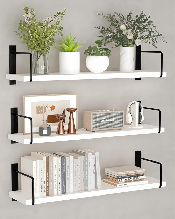 Floating Shelves - 24 Inch Wall Mounted Set of 3, Rustic Wood Shelves for Living Room Storage and Wall Decor (White)