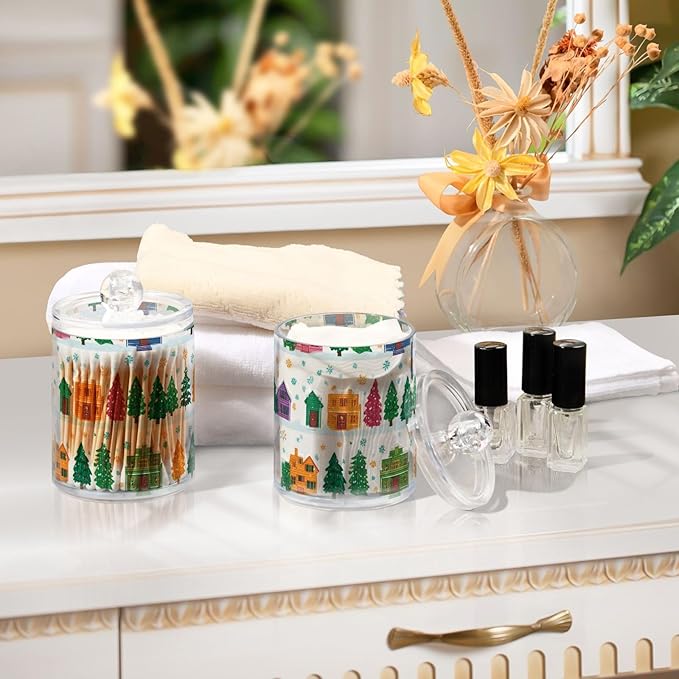 2 Pack Apothecary Jars Christmas Village Trees Pattern Bathroom Vanity Storage Organizer Set,Small Clear Plastic Storage Jars Bathroom Canister for Cotton Swabs, Rounds, Balls, Qtips,Makeup Spo