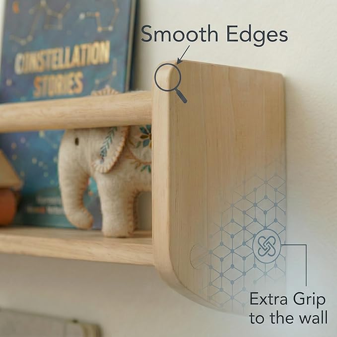 Nursery Bookshelf Set of 2, 16” Nursery Book Shelves Wall Mounted, Wooden Floating Shelves for Nursery Wall, Baby Book Shelf for Nursery, Kids Wall Bookshelf Organizer with Support Rod, Space Saving