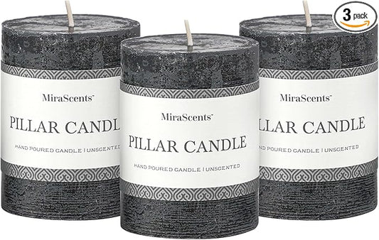 3x4 Inch Black Pillar Candles Set of 3 - Hand-Poured Unscented Candles, Long Clean Burning, Large Big Candle, Smokeless Dripless Candle for Dinner Table, Wedding, Home, Bathroom, Gothic Decor