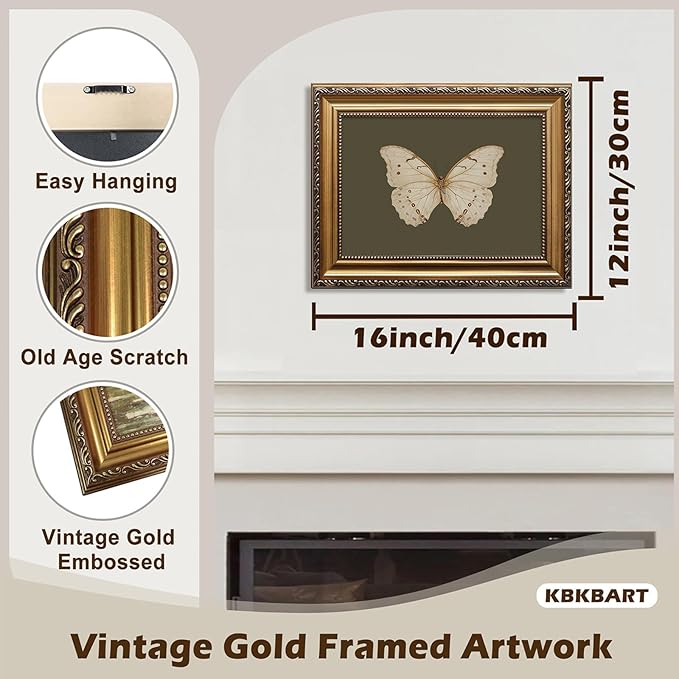 KBKBART Vintage Gold Framed Wall Art, Classical Butterfly Oil Paintings, Dark Moody Insect Canvas Prints Artwork Wall Decor Pictures for Bedroom, Bathroom, Cottagecore Room Decor - 12x16Inch