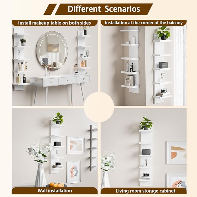 5 Tier Wall Shelves White, Vertical Column Shelf Floating Storage Home Decor Organizer Tall Tower Design Utility Shelving for Bedroom Living Room