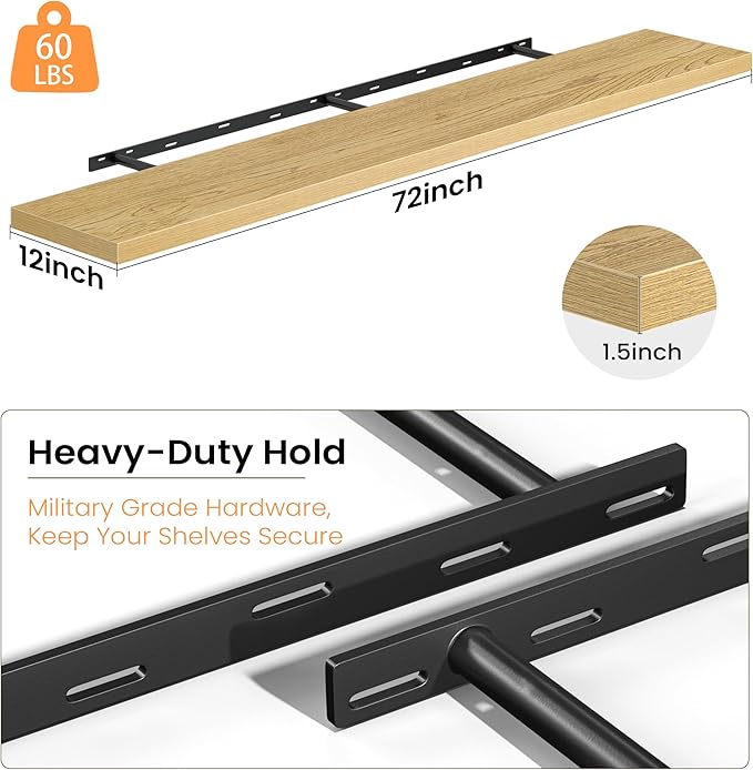 Fun Memories 72 Inch Floating Shelves, 12 Inch Deep Wall Shelf for Fireplace Mantel, Oak Deep Storage Shelves for Home & Office, Long Floating Shelf with Invisible Bracket, Set of 1