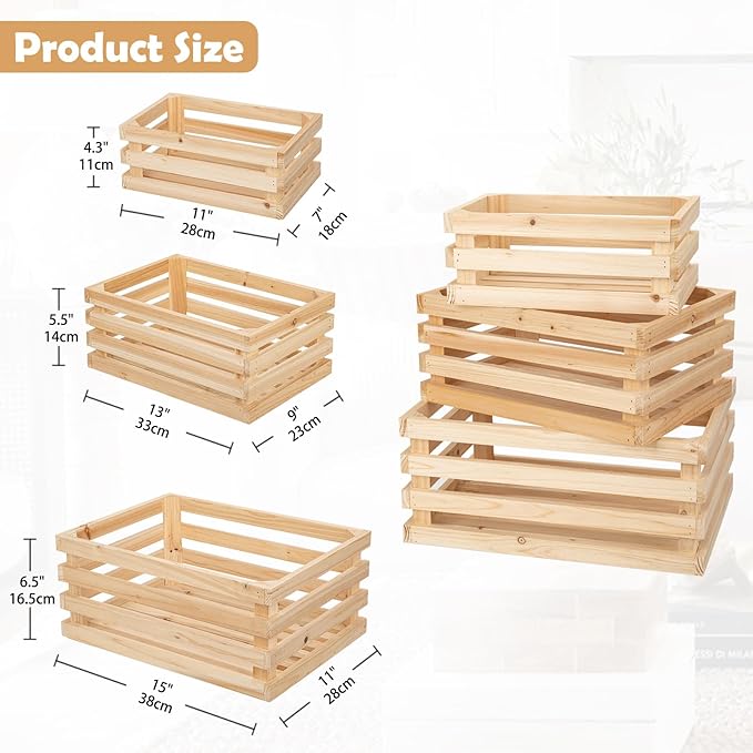 Set of 3 Nesting Wooden Storage Crates - Large Rustic Wooden Storage Crates for Display Wood Container Boxes Wood Baskets for Farmhouse Flower Stand Display Rack for Shops or Exhibitions Home Decor
