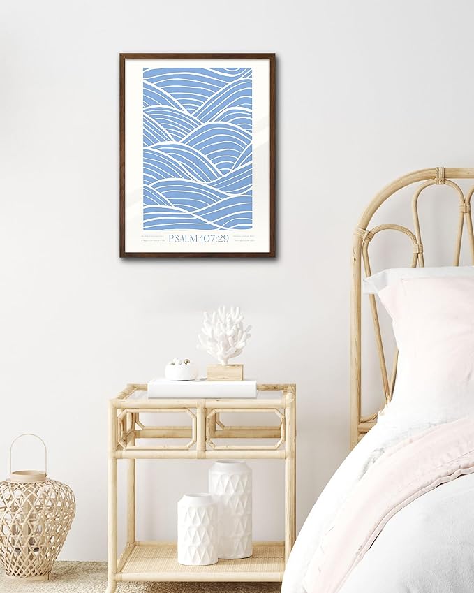 EcoHest Modern Christian Ocean Waves Framed Wall Art, 12x16 in Walnut Color OAK Wood Christian Psalm 107:29 Canvas Wall Art, Beige Logs Storm Home Decor Set of 1 for Bedroom Living Room