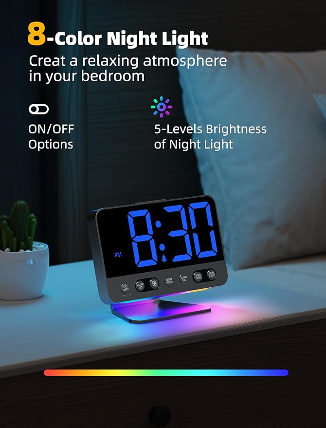 Odokee Digital Alarm Clocks for Bedrooms: Large Bold Number 5 Brightness Dimmer - Easy to Read Across The Room - 5 Alarm Sound 8 Night Light - Black