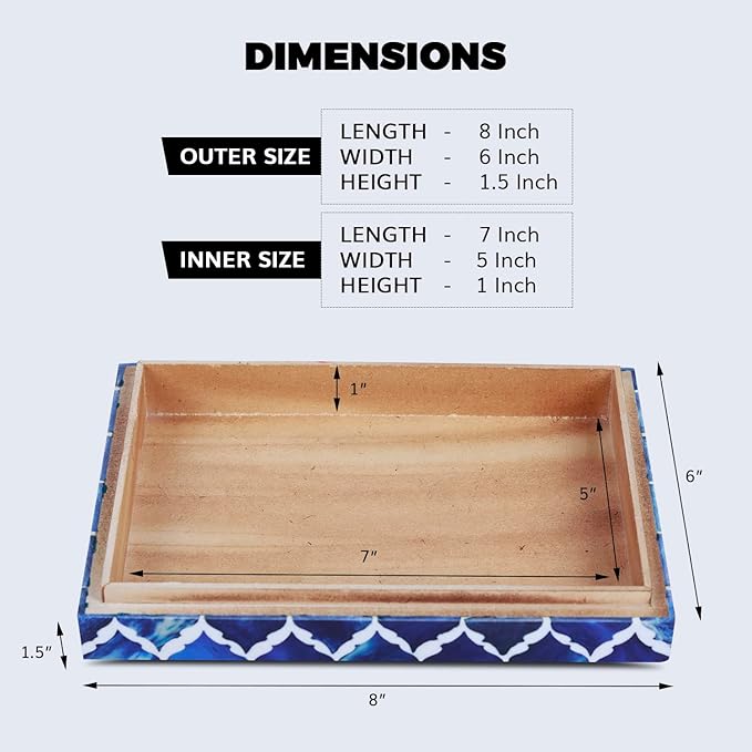 Handicrafts Home Decorative Storage Box with Lid, Moroccan Photo Storage Box Organizer, Flat Keepsake Document Box, Bone & Resin Inlay Wooden Desk Shelf Storage, Blue, 6x8x1.5, Moroccan Collection
