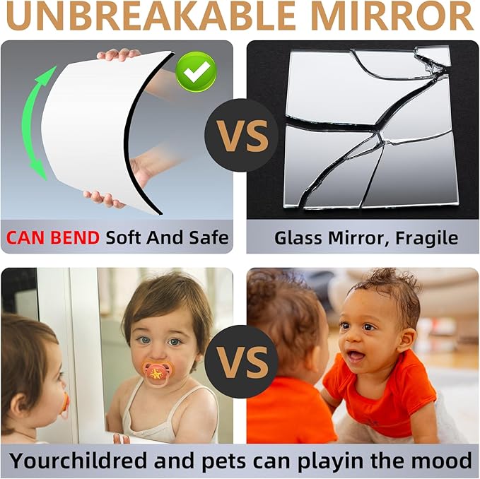 Stick on Small Mirror for Wall Decor Plastic Non Glass Sticky Kids Safety Toddler Mirrors, 4 Pack 15.8”x15.8” Acrylic Mirror Tiles Shatterproof Mirrors Sheet for Bedroom Unbreakable Adhesive Mirror's