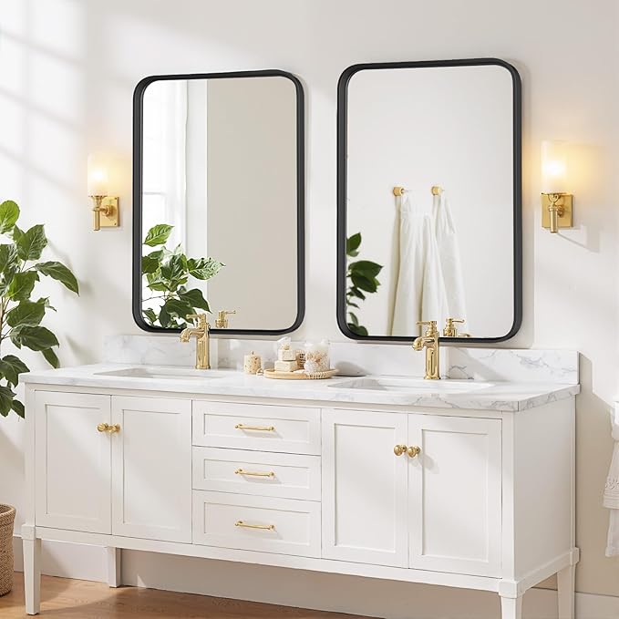 Bathroom Mirror 30x22 Inch Black Metal Frame Rectangle Vanity Mirror with Rounded Corners, Modern Wall Mounted Anti-Rust Mirror for Farmhouse, Restroom, Entryway, Horizontal or Vertical Hanging