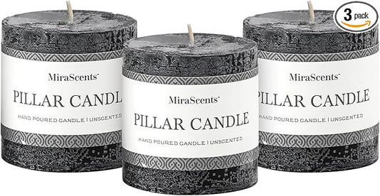 3x3 Inch Black Pillar Candles Set of 3 - Hand-Poured Unscented Candles, Long Clean Burning, Large Big Candle, Smokeless Dripless Candle for Dinner Table, Party, Home, Bathroom, Gothic Decor