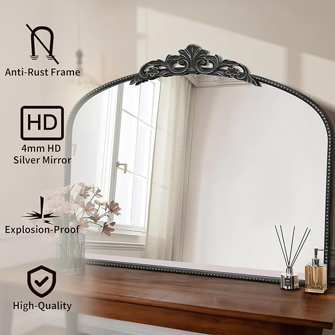 Micasso Large Vintage Black Mirror: 40" x 29" French Baroque Antique Mirror - Traditional Ornate Decorative Arched Mirrors for Wall/Bathroom/Entryway/Fireplace/Hallway - Home Decor for Living Room