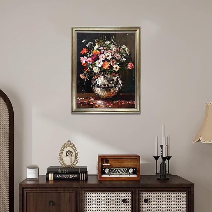 Vintage Framed Disco Ball Wall Art Retro Eclectic Wall Decor Colorful Moody Florals Painting Maximalist Wall Art Funky Flowers Bouquet Print Artwork