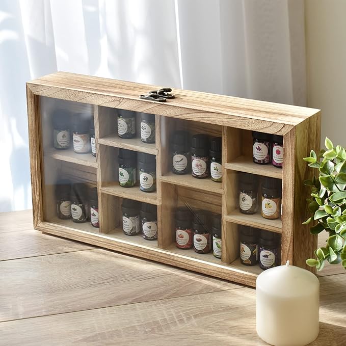 Ikee Design Wooden Collection Display Case with Hinged and Clear Tempered Glass Top, Wall Mounted 10 Slots Wood Display Storage Box for Mini Figures, Collections, Essential Oils, Oak Color