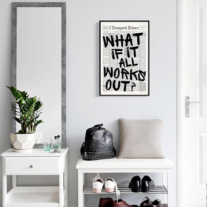 What If It All Works Out Canvas Wall Art, Black and White Newspaper Aesthetic Poster, Positive Affirmations Wall Decor, Daily Inspirational Quote Typography Print for Bedroom 24x36in Unframed