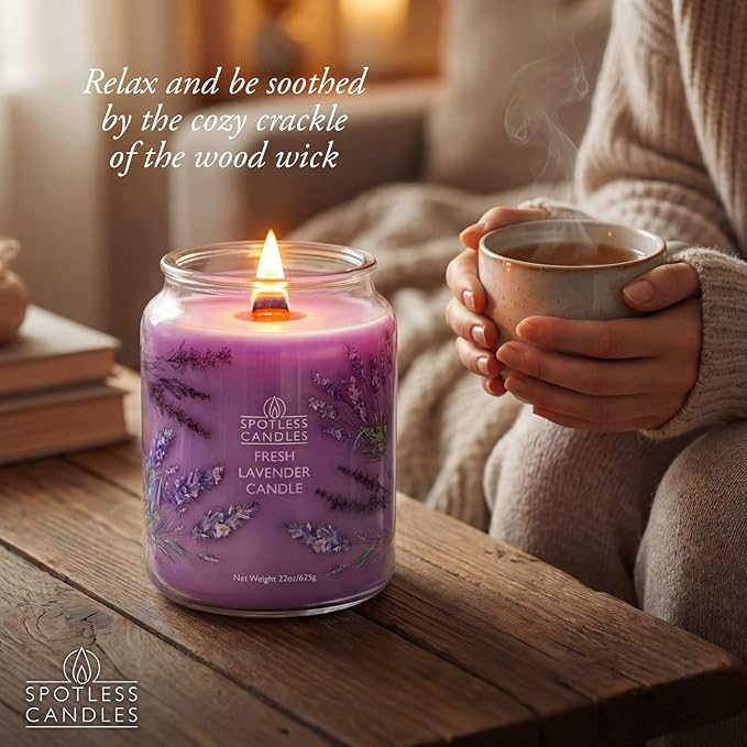 Spotless Leopard Fresh Lavender Candle 22oz Glass Jar with Wooden Wick in a Decorated Jar Within a Presentation Gift Box and Protective Shipping Box