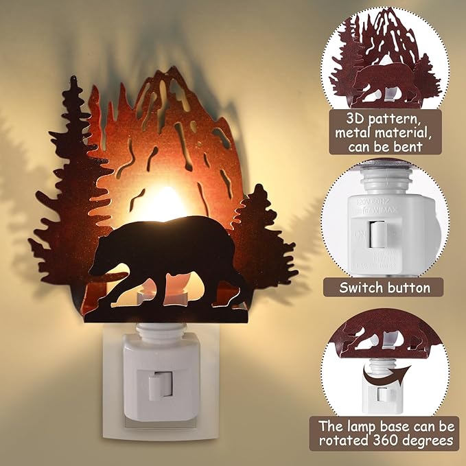 Tuanse Forest Bear Plug in Night Light Wilderness Farmhouse Bear Forest Mountain Night Light Decorative Vintage Cabin Metal LED Lamp Decor for Holiday Bedroom Living Room Bathroom Christmas Gift