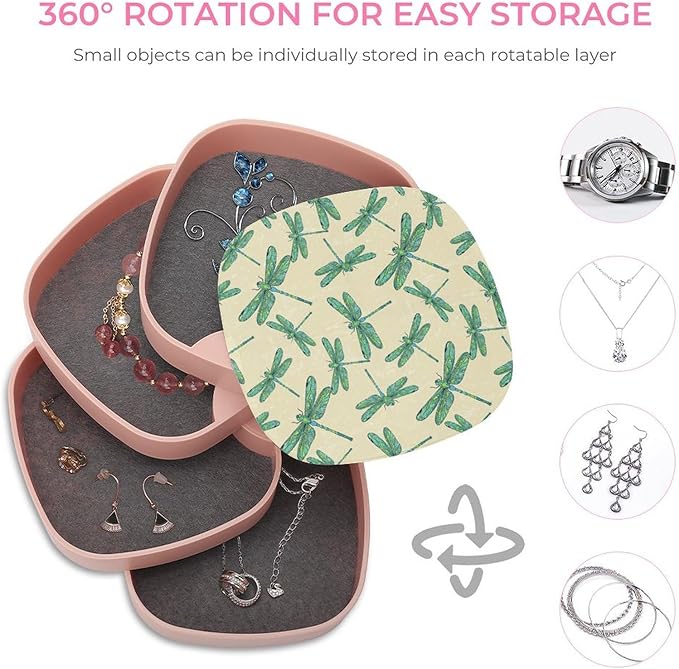4-Layer Small Rotatable Jewelry Storage Box Jewelry Organizer Earring Holder with Mirror (Dragonflies)