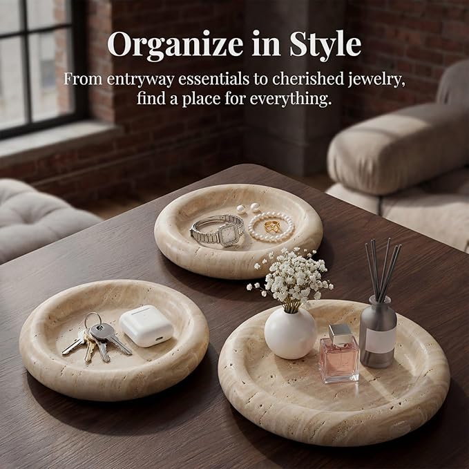 Natural Beige Travertine Vanity Tray - 8 Inch Round Stone Makeup & Jewelry Organizer Dish, Decorative Marble Tray for Bathroom Countertop, Coffee Table, Bedroom