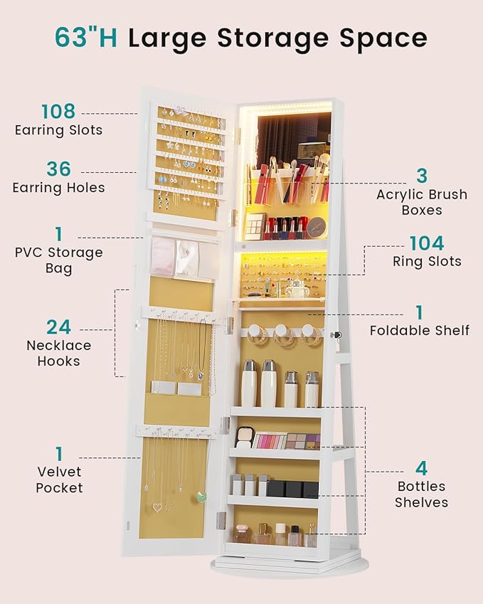 Vlskra Full Length Mirror with Storage, Lockable Jewelry Mirror Cabinet, Large Standing Jewelry Armoire with Mirror for Bedroom, Space Saving, Anti-Tangle Necklace Organizer for Women, White