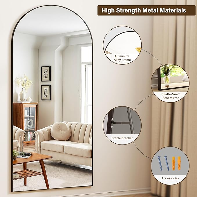 XRAMFY 78"x38" Arched Full Length Mirror Floor Mirrors with Aluminum Alloy Frame Free-Standing Wall Mounted Floor Mirrors or Large Dressing Mirror, Black Mirror Full Length