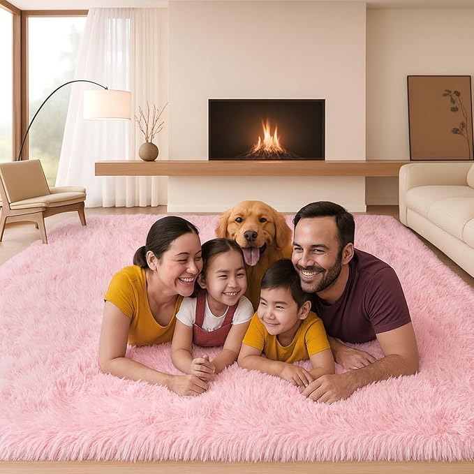 Fluffy Plush Shag Rug 5x7, Ultra Soft Cute Pink Rug for Living Room Bedroom, Non-Slip Fuzzy Area Rug for Living Room, Carpet for Girl Boy Kids,Modern Indoor Home Decor Aesthetic