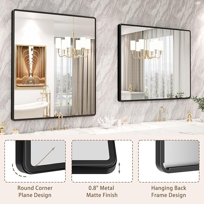 pertetey New Upgrade Bathroom Mirror, 48X40 Inch Black Metal Frame Wall Mounted Rounded Rectangle Bathroom Vanity Mirror with Tempered Glass for Washroom Bedroom Living Room