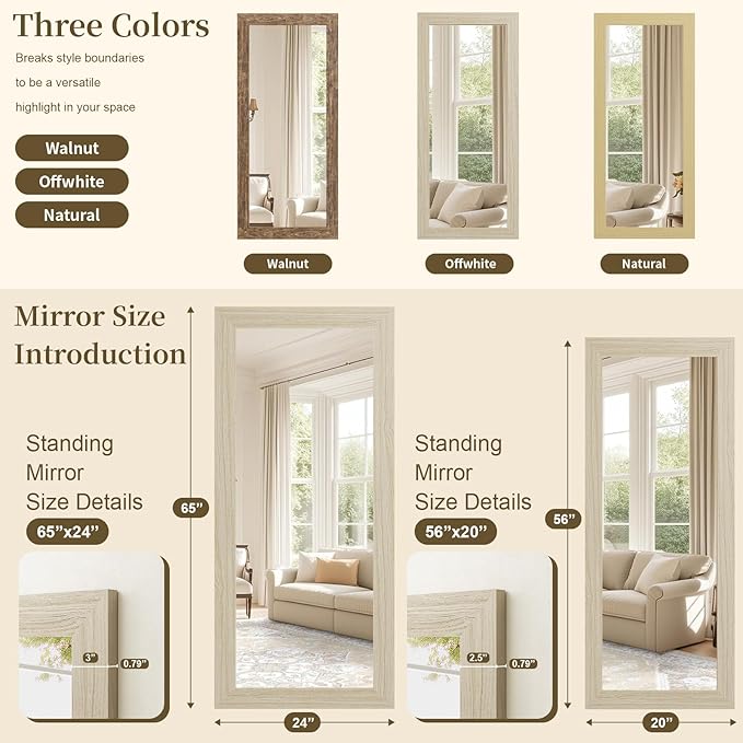 Syndra Modern Full Length Mirror Wood Frame, 56x20'' Large Floor Mirror with HD Tempered Glass & Wall Mount Option, Rectangular Standing Mirror for Bedroom, Living Room, Entryway, Farmhouse(White Oak)