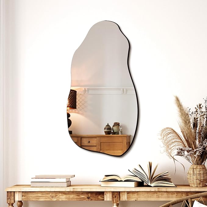 TRAHOME Irregular Asymmetrical Wall Mirror for Living Room Bathroom Entryway, Modern Decorative Mirror Hanging (Hook Style, 32'' x 18'')