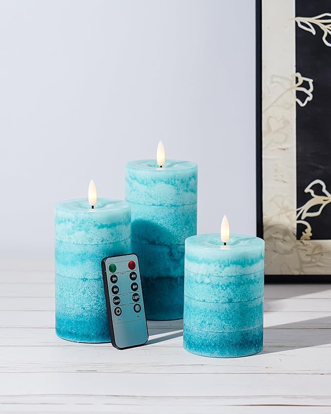 Stmarry Gradient Teal Flameless Candles with Remote and Timer, Real Wax Made LED Pillar Candles Battery Operated with 3D Flickering Flame - 3" x 4",5",6" - Set of 3 Turquoise Candles