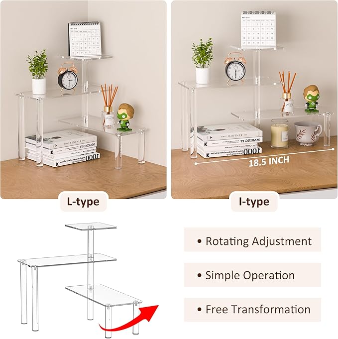 Sezanrpt Clear Countertop Corner Organizer Shelf 16.9x16.9x15.6 inch, 3 Tier Acrylic Organizer Corner Shelf for Bathroom, Kitchen, Study Room, Spice Jars, Coffee Bar, Dresser Table, Books