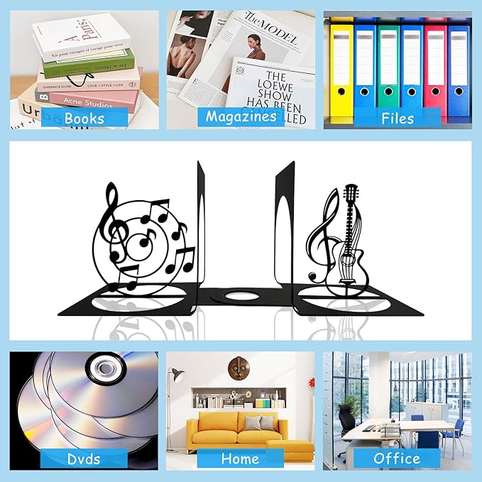 Music Note Metal Bookend, Music Bookends, Metal Musical Themed Book Ends, Guitar Bookends, Book Holders for Shelves, Desktop Organizer, Musical Bookshelf Home Decor