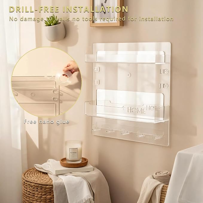 Bedside Shelf with Nanotape, No Drill Wall Mounted Organizer for Phone & Remote, Floating Charging Shelf for Dorm, Apartment, RV, Small Space Bedroom Decor for College Girl,Clear