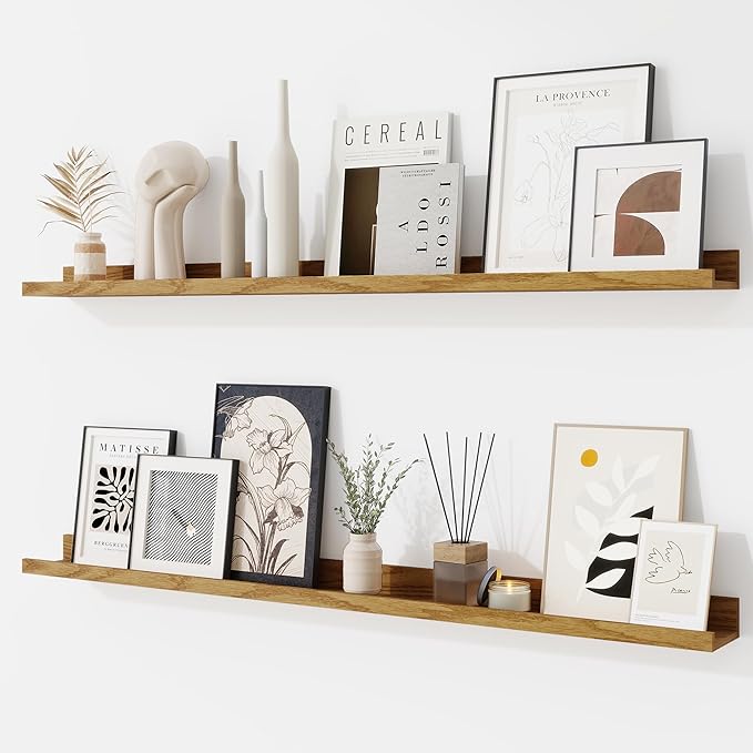 RICHFOCUS Picture Ledge Shelf, 40 inch Floating Shelves Set of 2, Wood Wall Shelves with Lip, Wall Decor Storage for Bedroom Living Room Bathroom Kitchen Nursery Photo Picture, Oak