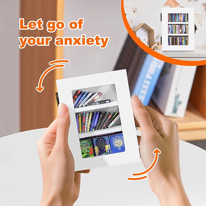 Anxiety Mini Bookshelf Mini Books with 60PCS Wooden Miniature Book Library for Stress Relief, Home and Office Decor, Unique Gift for Book Lovers - White