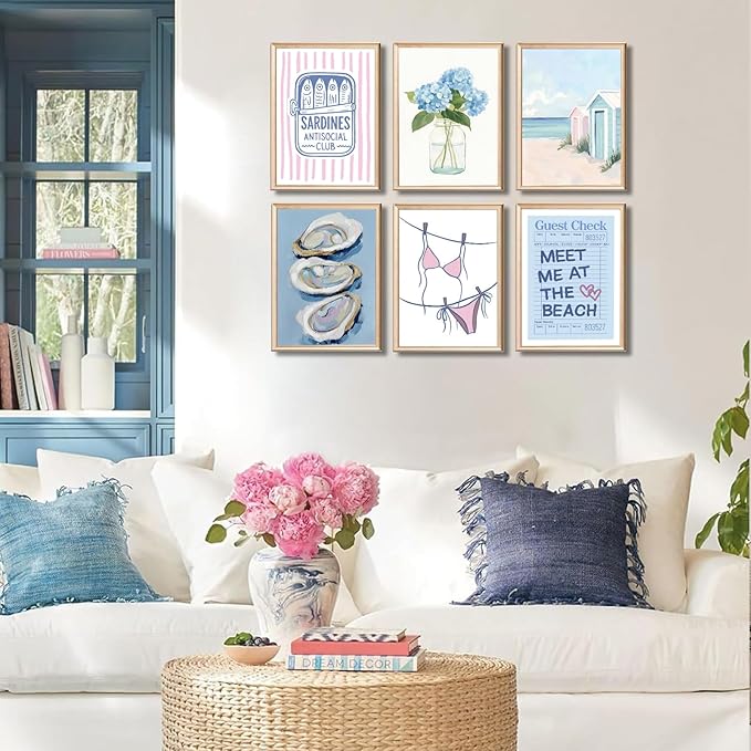 Zuowclli 6Pcs Preppy Coastal Wall Art Prints Pink Blue Coastal Granddaughter Wall Decor Pictures Summer Bikini Oysters Hydrangeas Beachy Aesthetic Posters for Girly Bedroom Dorm Apartment 8x10in
