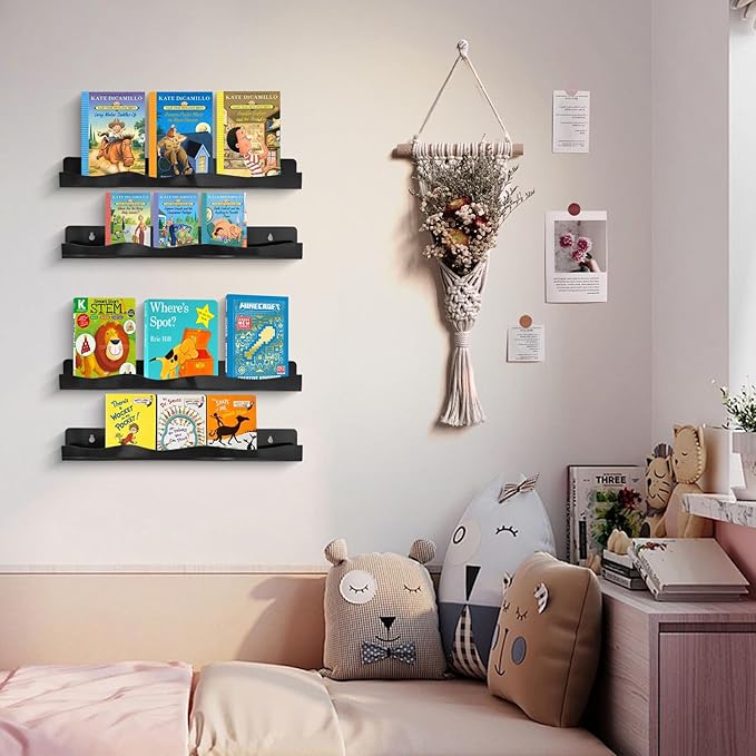 6 Pack Black Nail Polish Wall Rack 15 Inch Acrylic Floating Display Shelves with Anti-slip End Guards for Tattoo Ink Essential Oils Figurine Display Spice Rack Kids Bookshelf for Salons Retailers Home