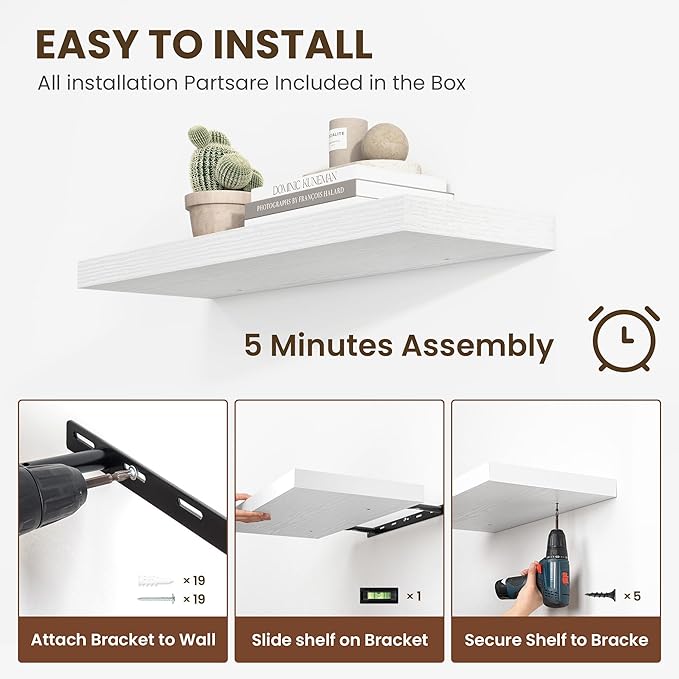 Acovy 72 inch Floating Shelves for Wall, 12 Inch Deep Floating Shelf, Hanging Shelf with Invisible Brackets, Rustic Wooden Wall Shelves for Bathroom, Bedroom, Living Room,Farmhouse Set of 1,White