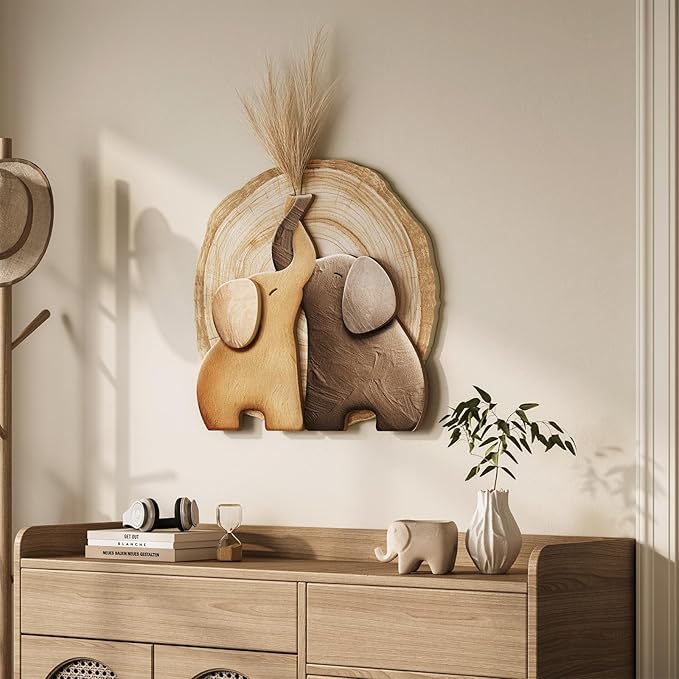 Troartos 3D Textured Elephant Wall Art Decor, Minimalist Neutral Brown Animal Artwork for Walls, Tree Ring Wall Decor for Living Room, Dining Room, Bedroom, Home Office 24x24 Inch
