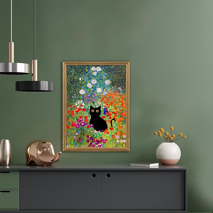 Fantasy Artists Gustav Klimt Canvas Wall Art, Framed Aesthetic Cat Floral Wall Decor, Garden Flower Black Cat Poster Paintings for Living Room Bedroom Bathroon, Dorm Home Decorations, 12" X 16"