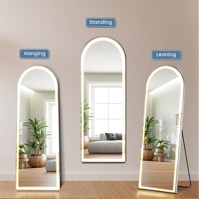 DUMOS Arched Full Length Mirror with Light - 20"×63" LED Floor Standing Mirror with 3 Color Lights & Wall Mounted for Bedroom, Dressing Room, Living Room, Bathroom