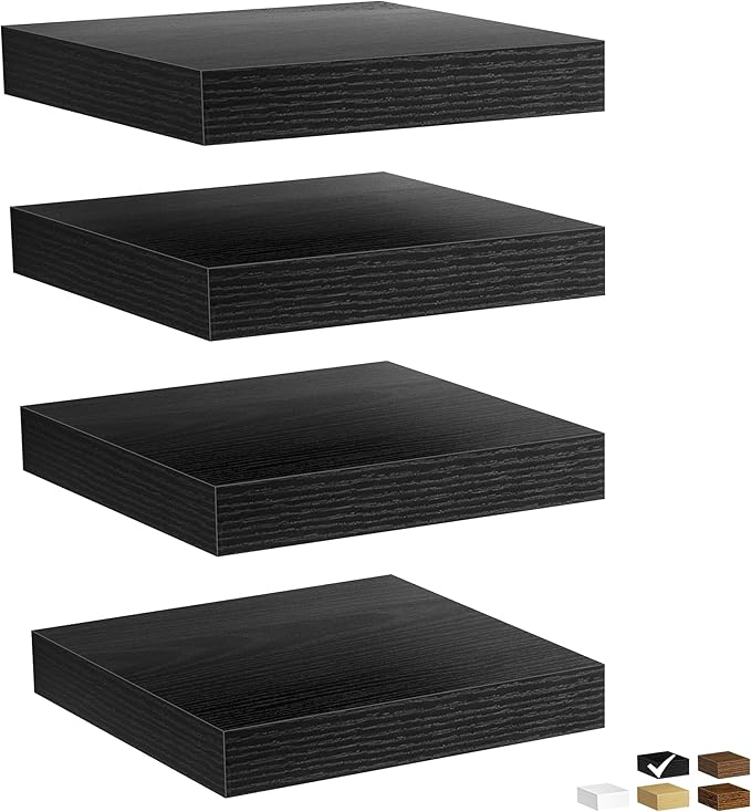 Fun Memories Floating Shelves for Wall, Rustic Wood Wall Mounted Shelves for Bathroom, Bedroom, Living Room & Kitchen, Storage Display Shelves, (Set of 4, Black, 9.3 in)