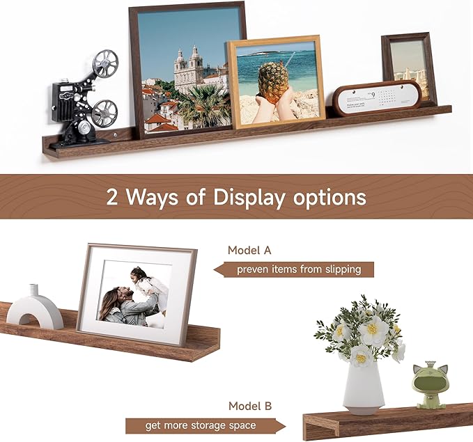Fun Memories Picture Ledge Shelf, 40 Inch Floating Shelves Set of 2, Large Nursery Book Shelves for Toys Storage, Kids Bookshelf Wall Mounted for Wall Decor Books Photo Frames, Walnut