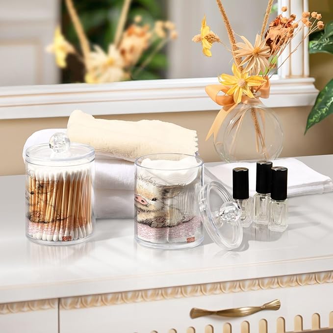 2 Pack Apothecary Jars,Adorable Pig with Sweet Treat Bathroom Vanity Storage Organizer Set,Small Clear Plastic Storage Jars Bathroom Canister for Cotton Swabs,Rounds,Balls,Qtips,Makeup Sponges
