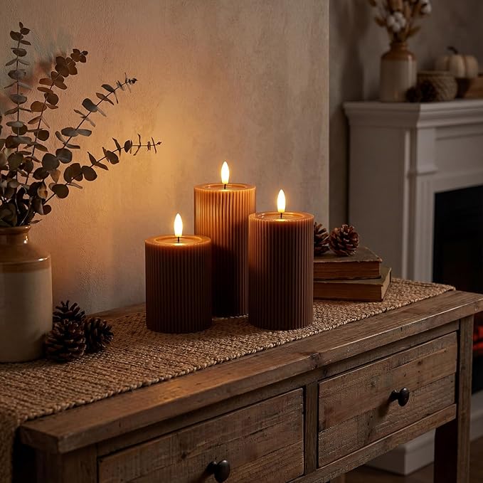 Fluted Ribbed LED Pillar Candles, Brown, with Reflective Melted-Wax Effect – Flickering Flame, Remote, Dimmable, Flameless, Battery Operated, Home & Wedding Decor (Set of 3)